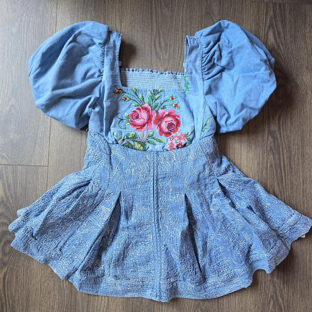 Blue Embroidered Puff Sleeve Dress with Floral Bodice